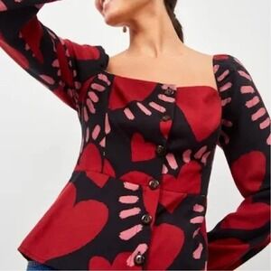 Farm Rio Long Sleeve Hearts Blouse Buttons Red Cropped‎ Square Neck Sz M NWT